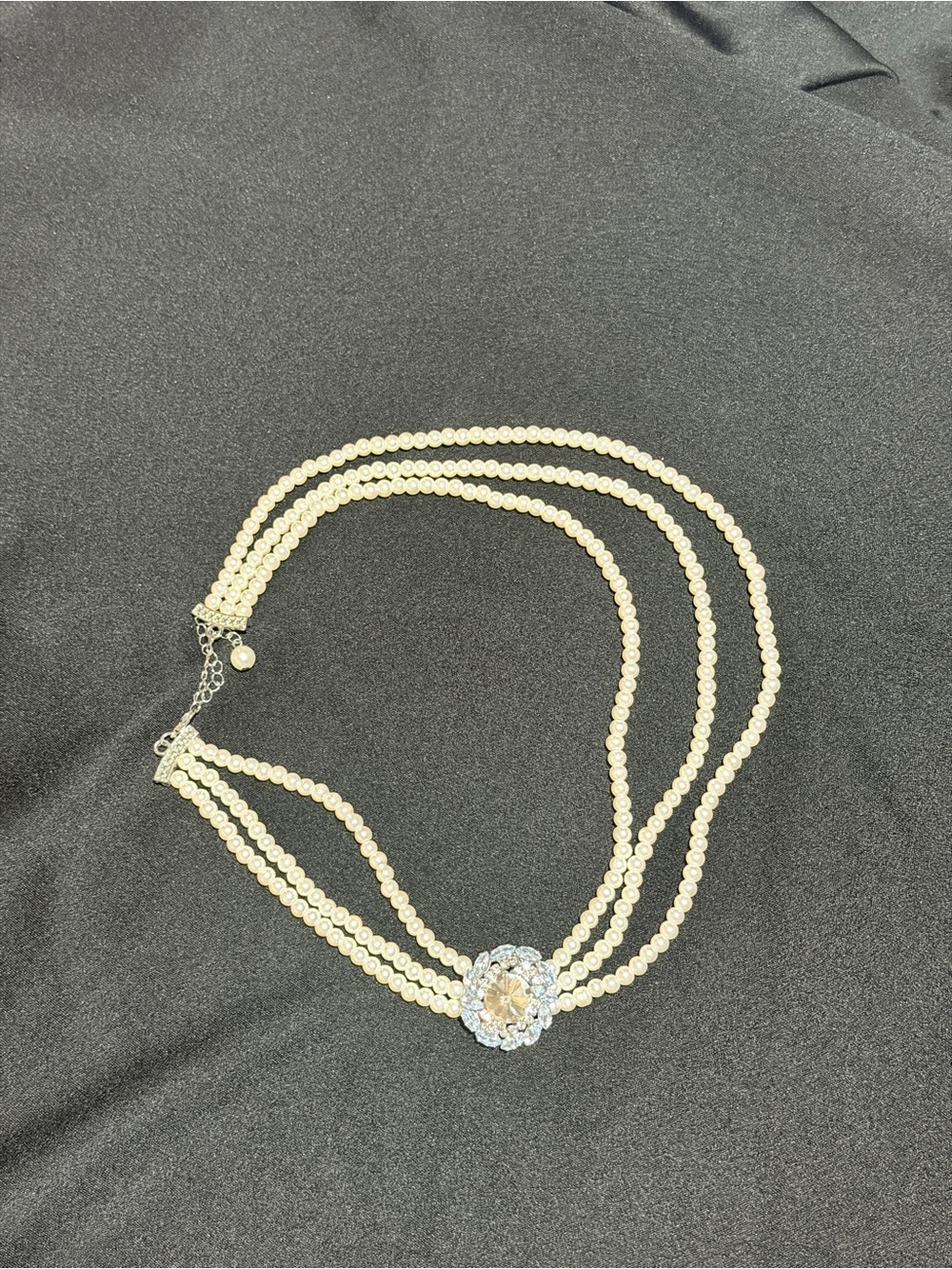 Classic Ivory Pearl Triple-Strand Necklace with Crystal Flower